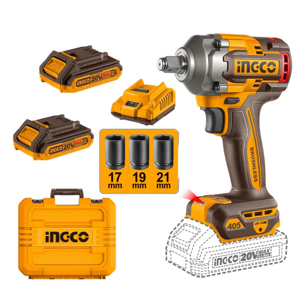 INGCO 20V I/WRENCH KIT 1/2" 405NM INCL.2X 2A.H BATT & CHARG WITH 3PC I/SOCKET SE