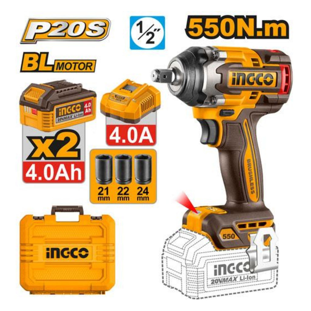 INGCO 20V PS+ C/L B/L IMPACT WRENCH KIT INCL. 2X4.0A.H BATT,CHARGE & ACCR