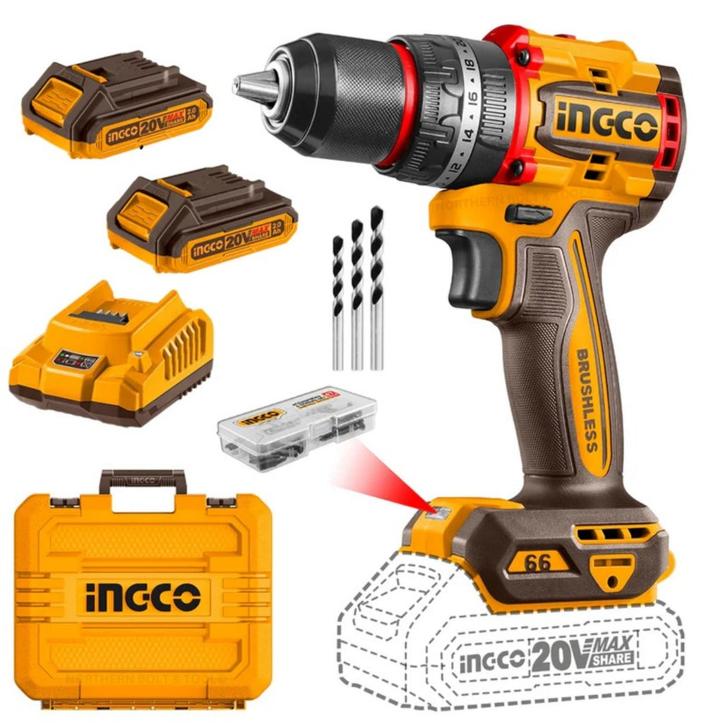 INGCO 20V PS+ C/L B/L DRILL 66NM KIT IN CASE