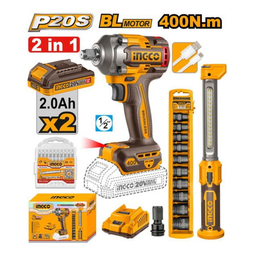 INGCO 20V COMBO I/WRENCH 405NM - WORK LAMP 300W-10PC I/SOCKETS & BIT SET- 2 X2A.