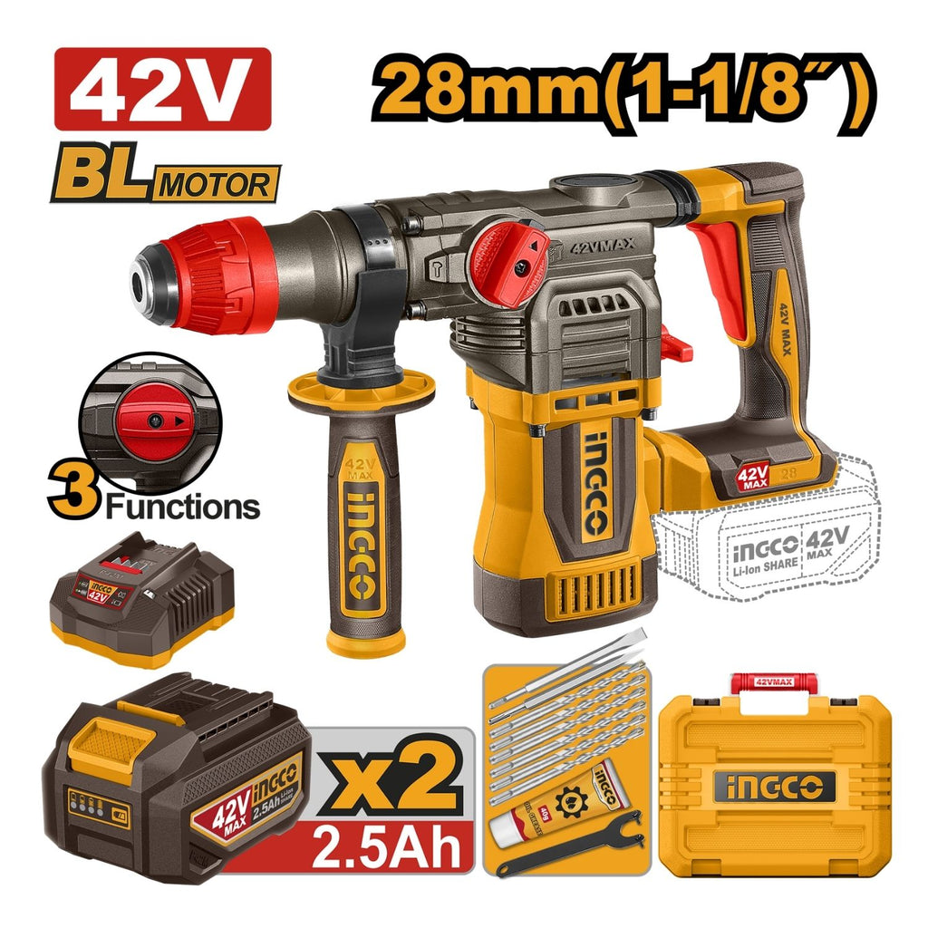INGCO 42V CORDLESS ROTARY HAMMER KIT 4.5J (INCL. 2 X 2.5A.H BATT,CHARGER & ACC)