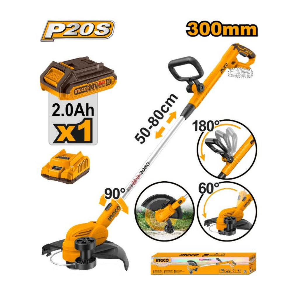 INGCO CORDLESS GRASS TRIMMER 20V INCL 1 X 2.0AH BAT & CHAR  "