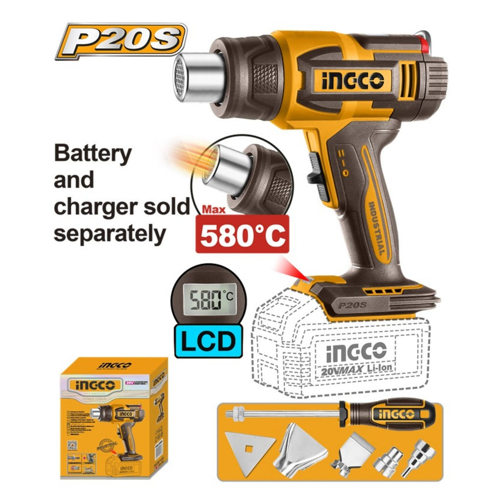 INGCO 20V PS+ C/L HEAT GUN 580 DEGREE INCL. ACC BARE