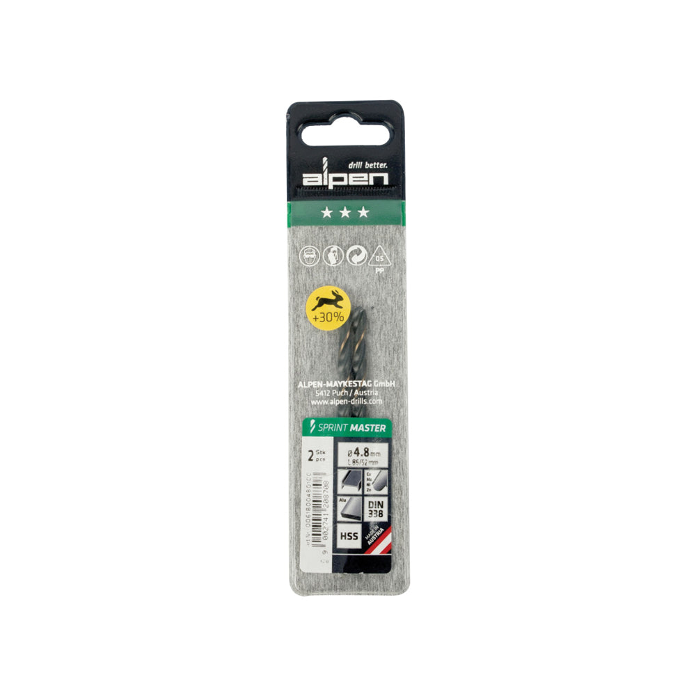 ALPEN SPRINT MASTER DIN 338 4.8MM 2/PACK