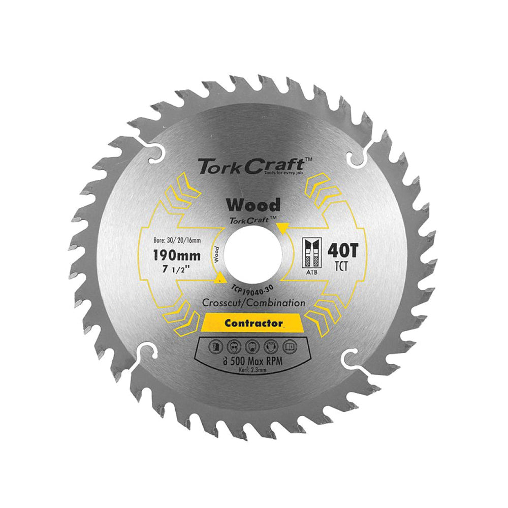 TORK CRAFT BLADE CONTRACTOR 190 X 40T 30/20/16 CIRCULAR SAW TCT