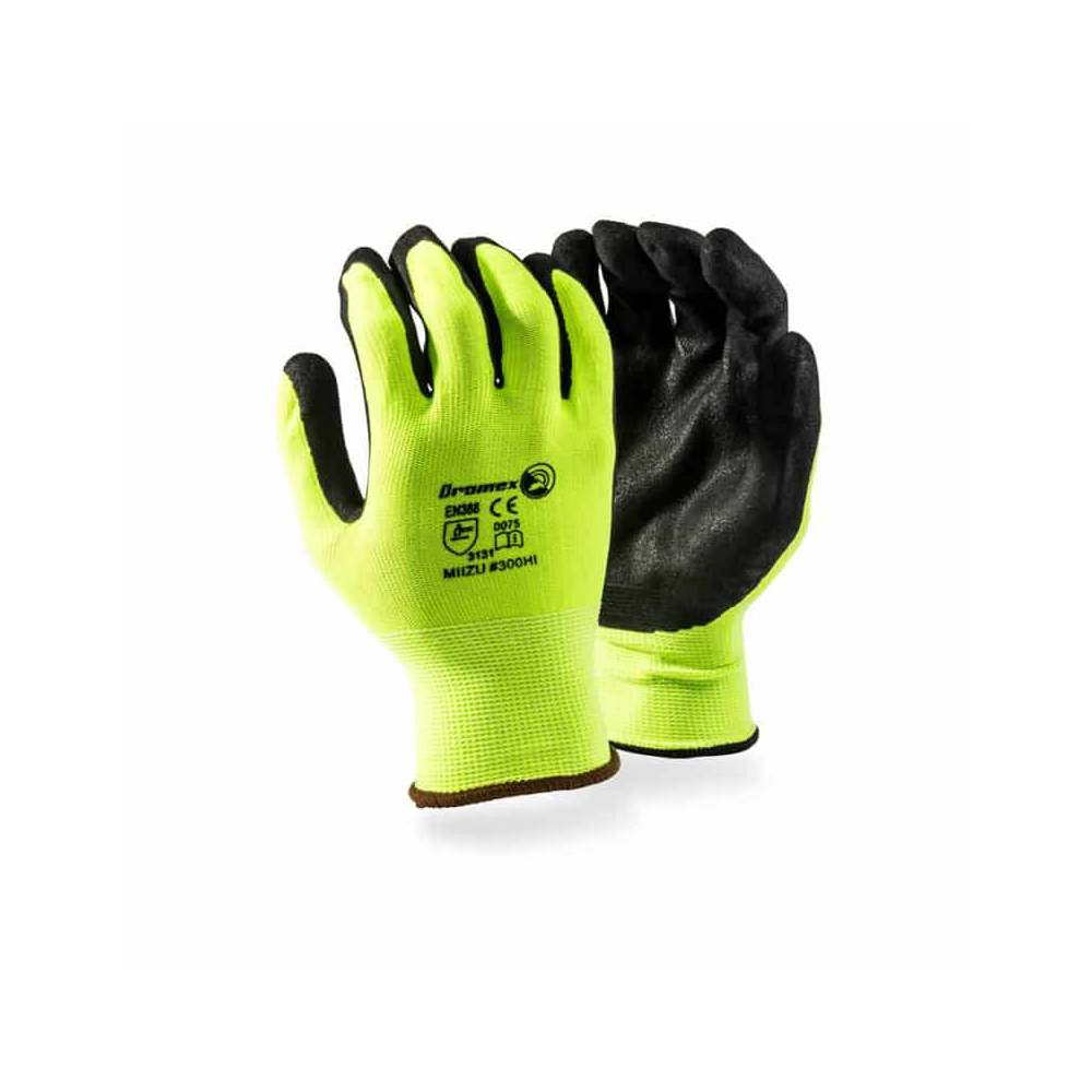 DROMEX MIIZU GLOVE HI VIZ BLACK LATEX PALM COATED
