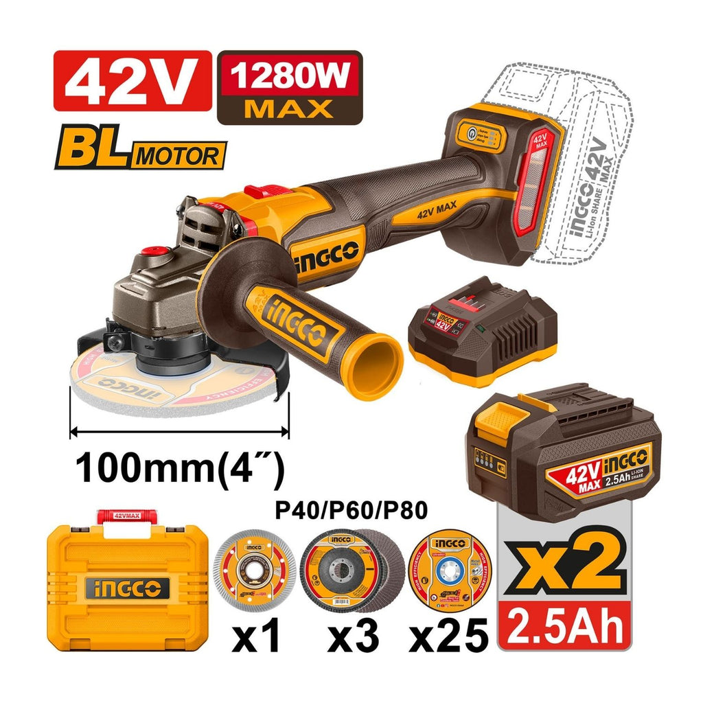 INGCO 42V CORDLESS ANGLE GRINDER KIT 115MM (INCL. 2X2.5A.BATT,CHARGER & ACC)