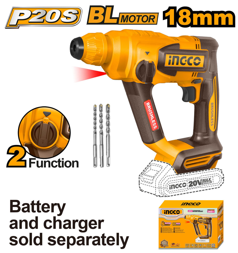 INGCO CORDLESS ROTARY HAMMER 20V INCL ACC (BARE)