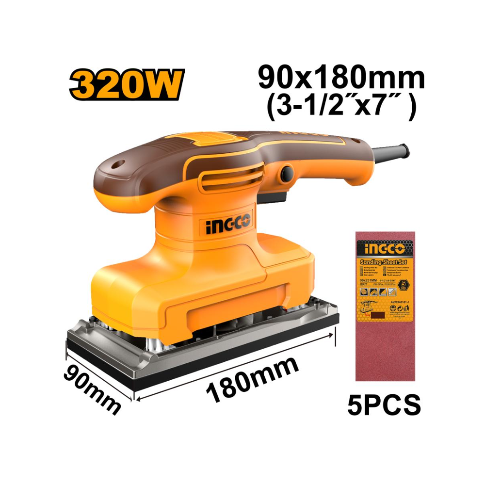 INGCO SANDER FINISHING 320W 90X180MM INCL 5PCS PAPER