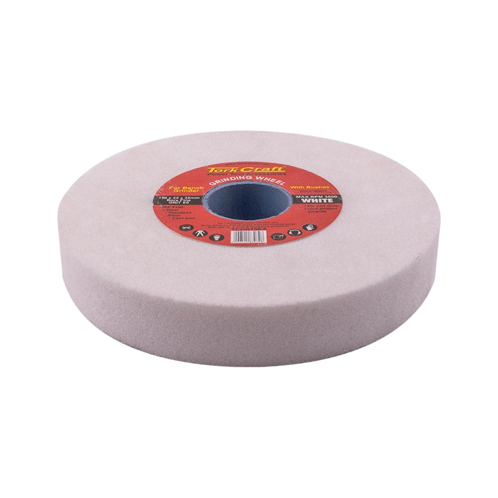 TORK CRAFT GRINDING WHEEL 150X25X32MM BORE FINE 60GR W/BUSHES FOR B/G WHITE