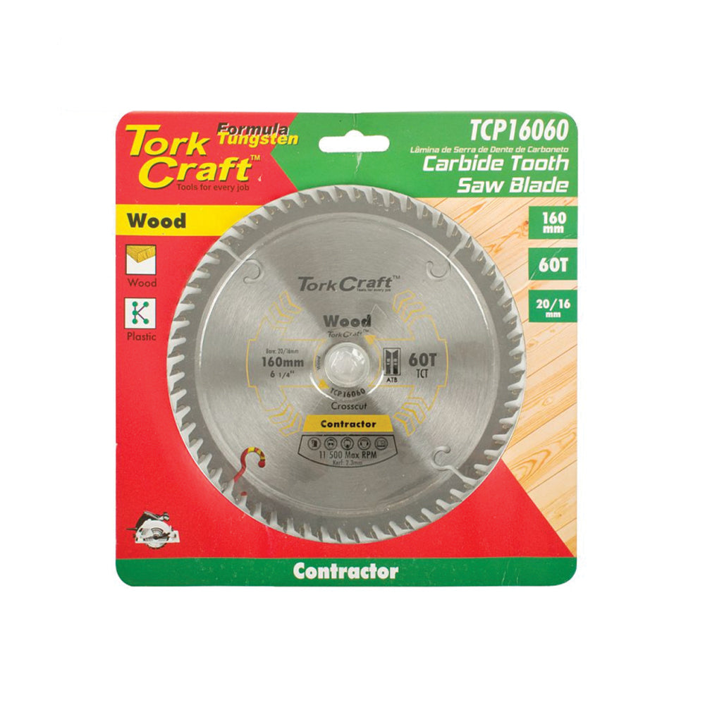TORK CRAFT BLADE CONTRACTOR 160 X 60T 20/16 CIRCULAR SAW TCT