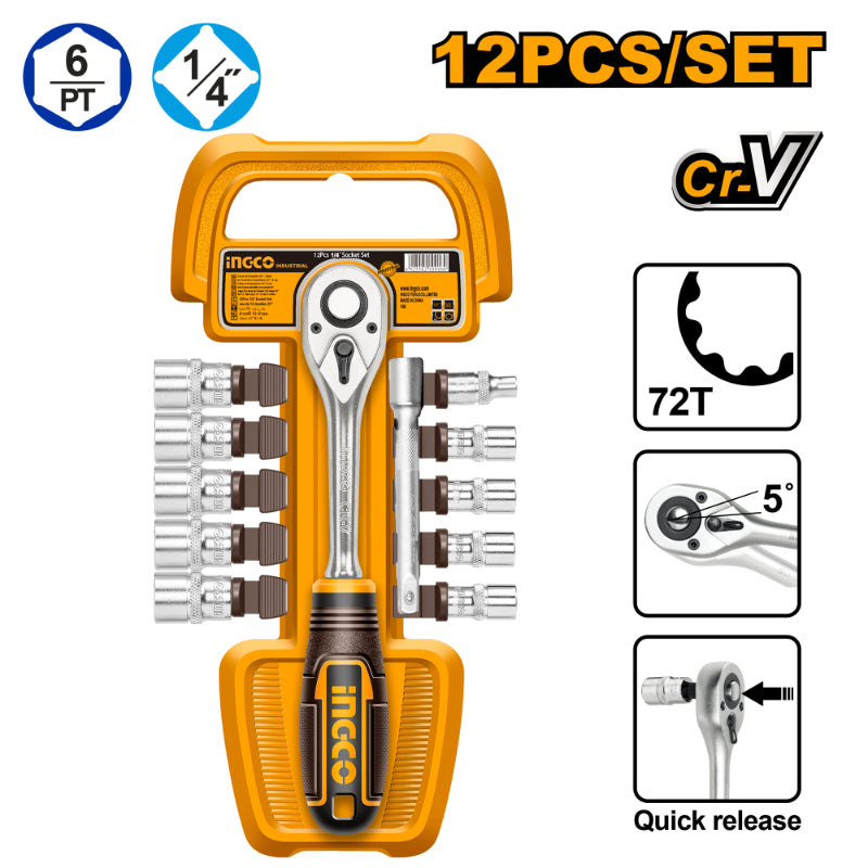 INGCO SOCKET SET 1/4 5-14MM HANGER 12PC