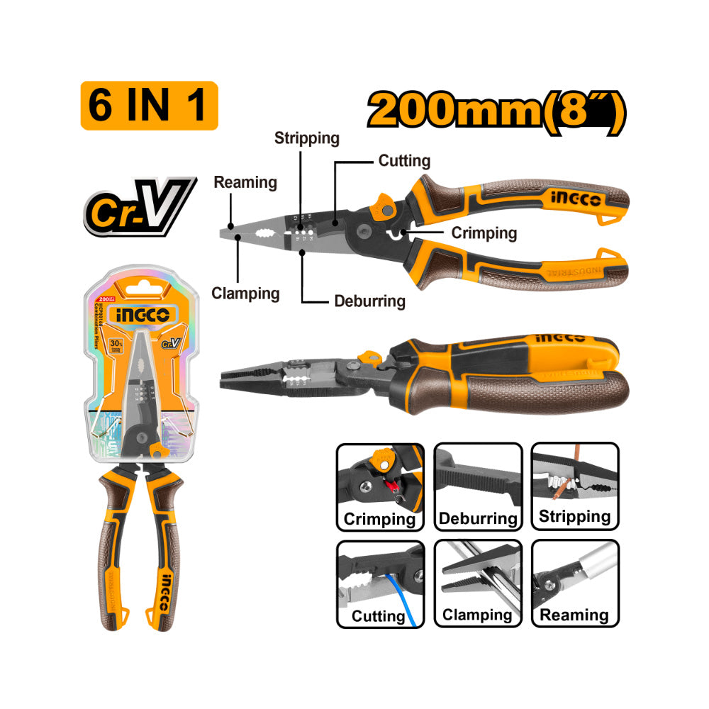 INGCO PLIER MULTI/F L/NOSE 6 IN 1 200MM CR-V