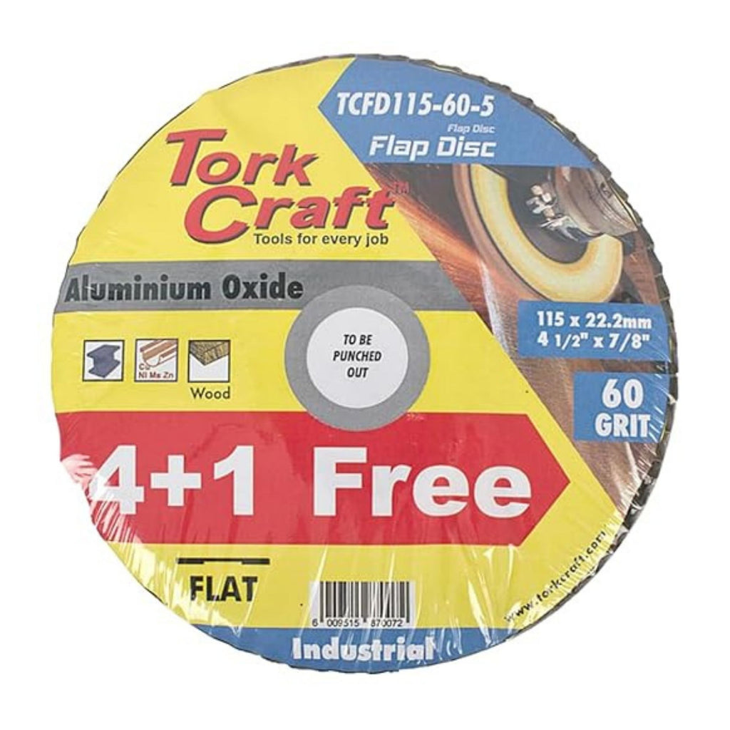 TORK CRAFT FLAP SANDING DISC 115MM 60GRIT 4+1 FREE A/O