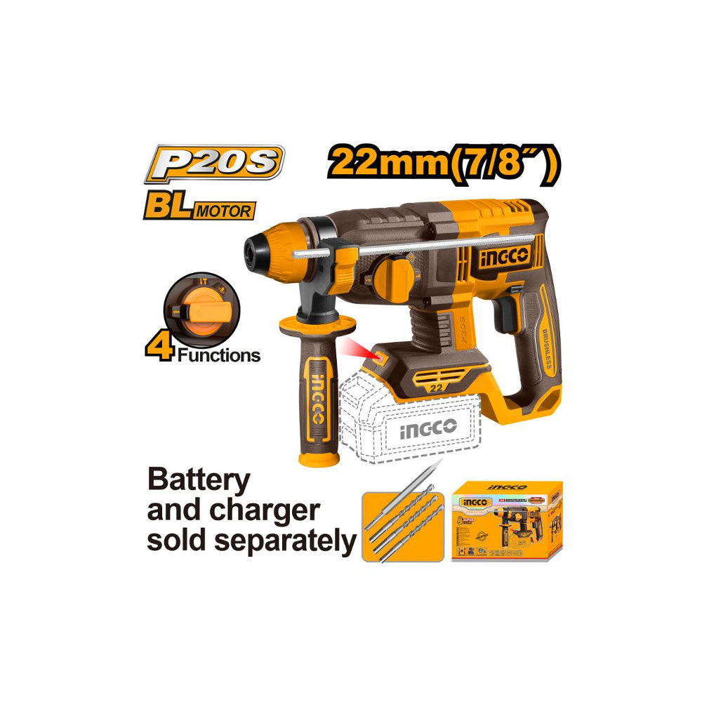 INGCO 20V PS+ C/L ROTARY DRILL B/L+ ACC 4PC NO B/C