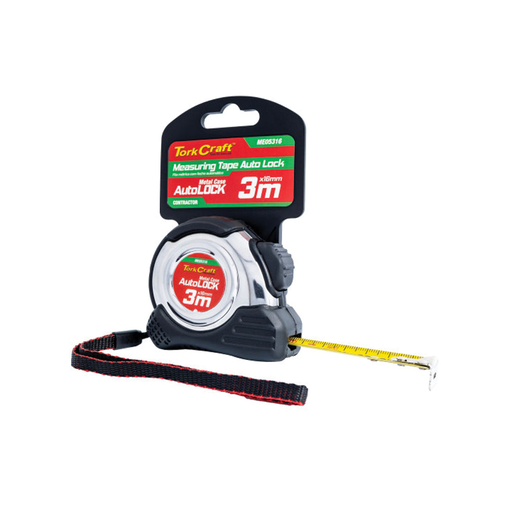 TORK CRAFT MEASURING TAPE SELF LOCK 3M X 16MM S/S and RUBBER CASING MATT FINISH