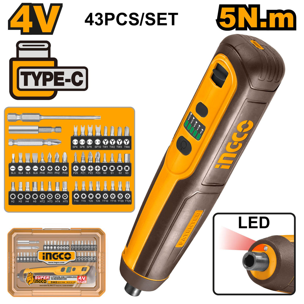 INGCO S/DRIVER CORDLESS 4V + BITS IN PLAS BOX