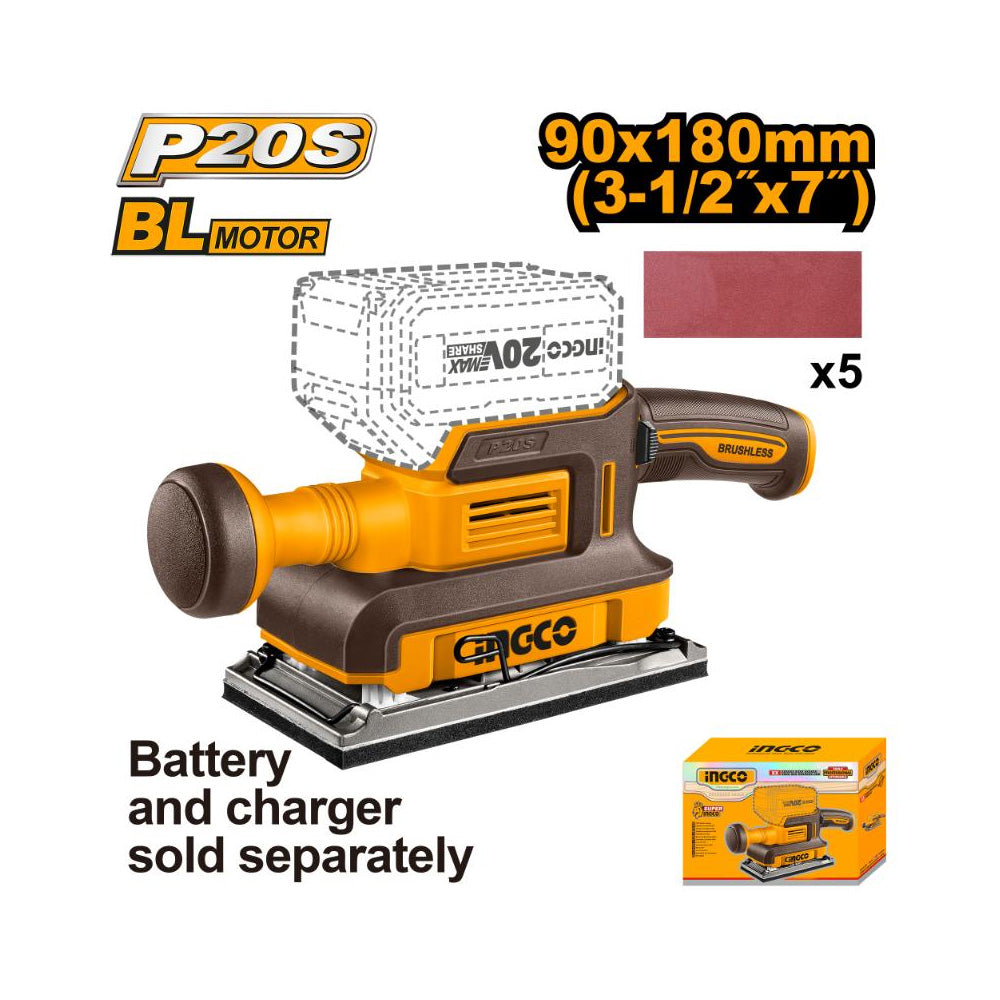 INGCO 20V PS+ C/L FINISHING SANDER + 5PCS SHEETS NO B/C