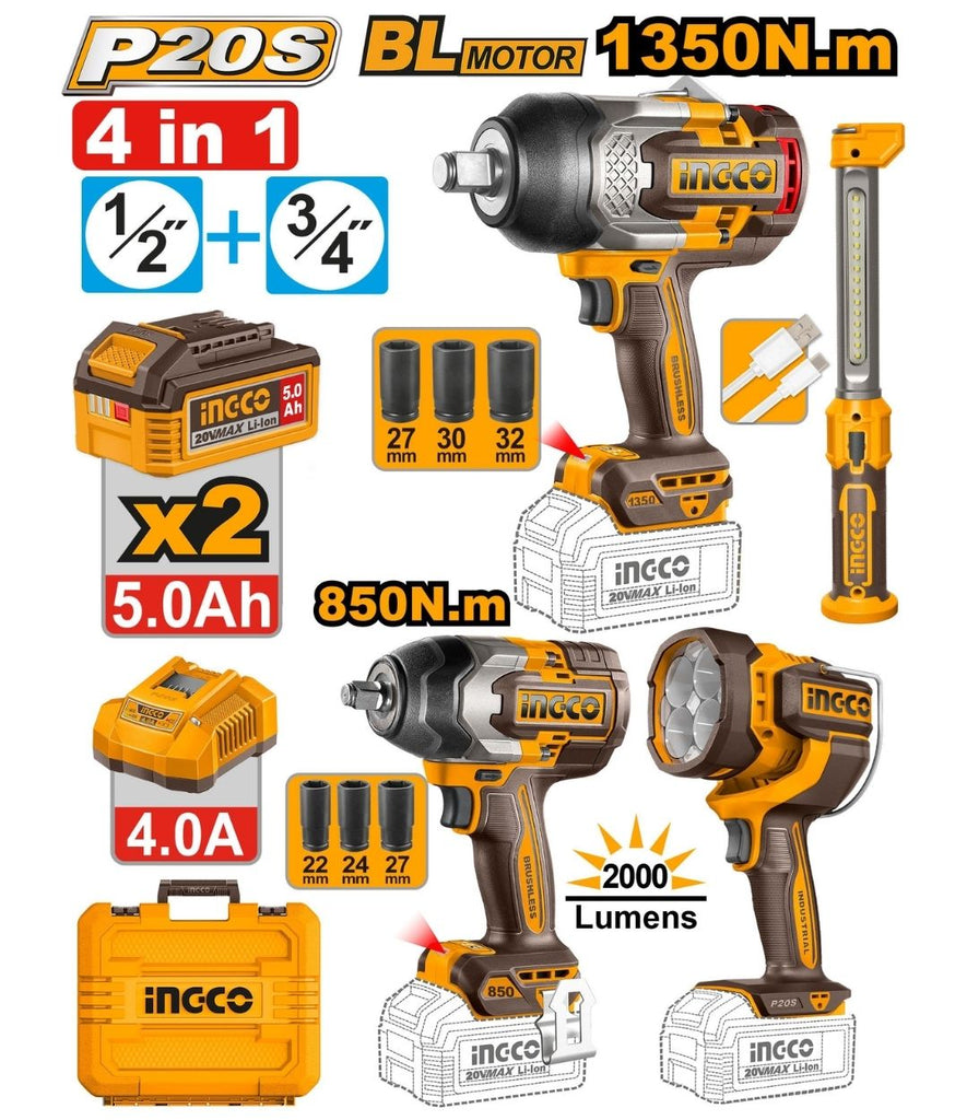 INGCO 4 IN 1 20V COMBO KIT (1350NM IMPACT WRENCH / 850NM IMPACT WRENCH / 2000 LU