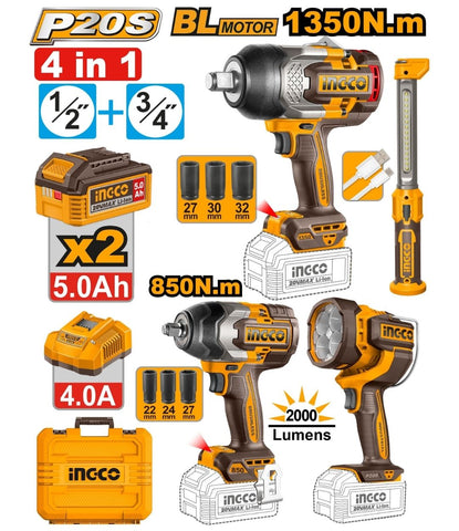 INGCO 4 IN 1 20V COMBO KIT (1350NM IMPACT WRENCH / 850NM IMPACT WRENCH / 2000 LU