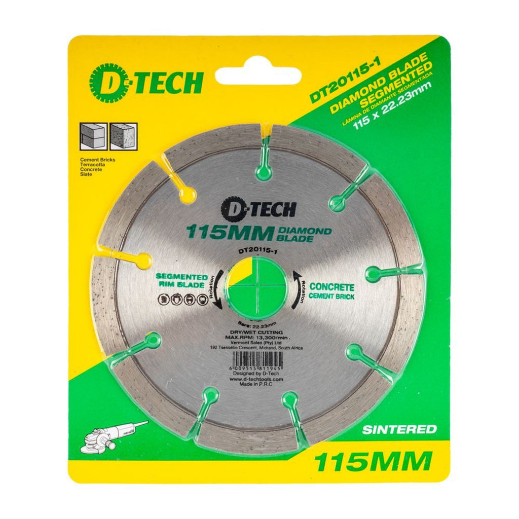 D-TECH DIAMOND BLADE SEGMENTED MID. 115X22 23MM SCREED/CEM.BRICK/MASONRY